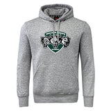 The Woodlands Youth Wolfpack Club Hoodie by WRS Canterbury features a gray design with a front pocket and "Woodlands Rugby" logo with three wolf heads—a classic choice for showing team spirit.
