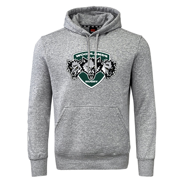 The Woodlands Youth Wolfpack Club Hoodie by WRS Canterbury features a gray design with a front pocket and "Woodlands Rugby" logo with three wolf heads—a classic choice for showing team spirit.