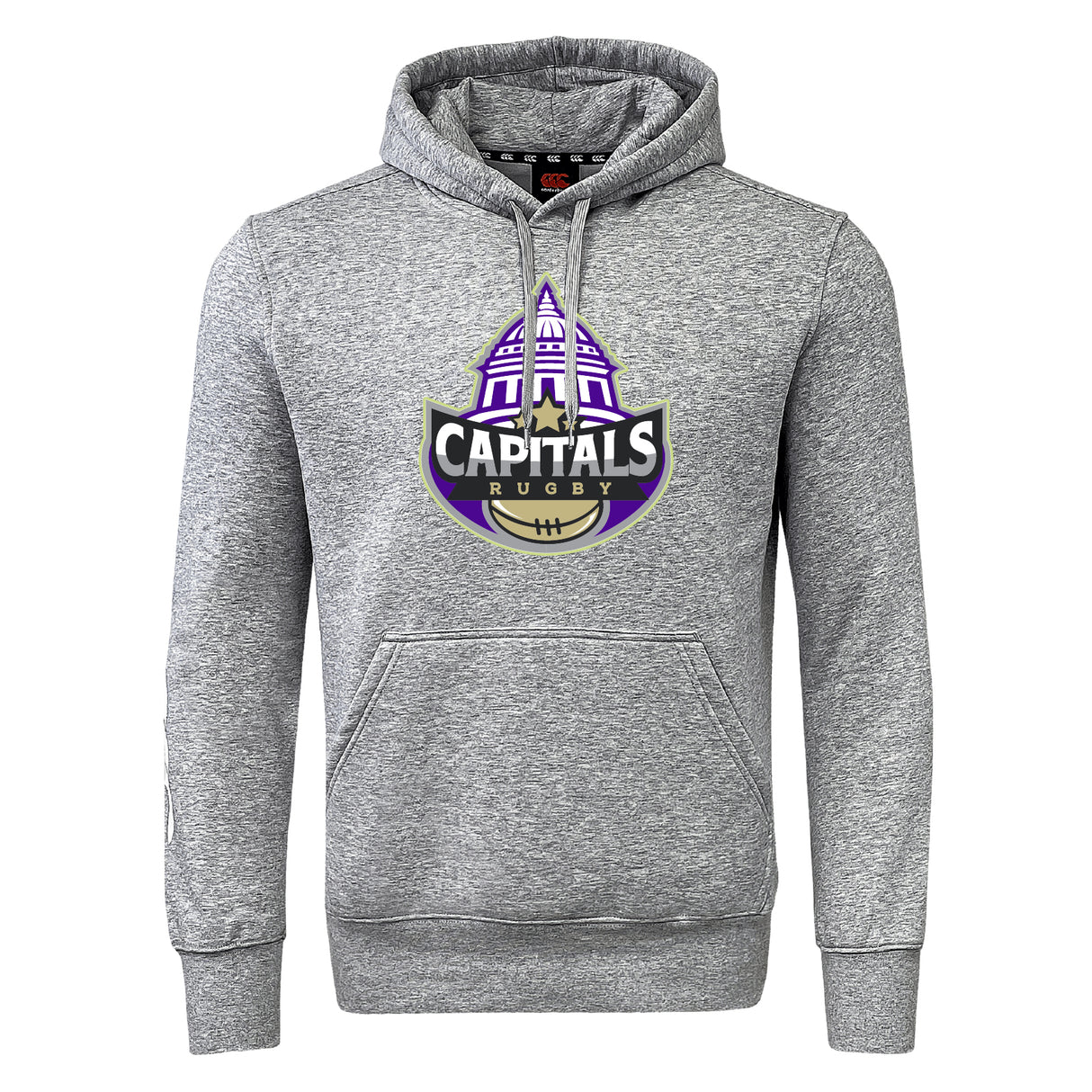 The Capitals Rugby NC Club Hoodie by WRS Canterbury is a gray rugby hoodie with a bold "Capitals Rugby" logo, featuring a purple dome and gold rugby ball on the front.