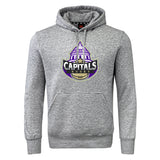The Capitals Rugby NC Club Hoodie by WRS Canterbury is a gray rugby hoodie with a bold "Capitals Rugby" logo, featuring a purple dome and gold rugby ball on the front.
