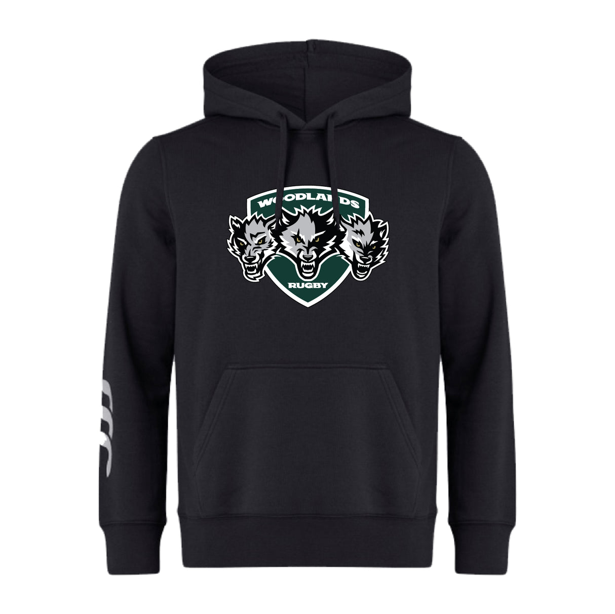The WRS Canterbury Woodlands Youth Wolfpack Club Hoodie features three wolf heads and a "Woodlands Rugby" logo on the chest, plus a white sleeve design—a perfect custom rugby hoodie for dedicated club supporters.