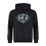 The WRS Canterbury Woodlands Youth Wolfpack Club Hoodie features three wolf heads and a "Woodlands Rugby" logo on the chest, plus a white sleeve design—a perfect custom rugby hoodie for dedicated club supporters.