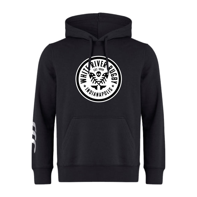 The White River Rugby Football Club Club Hoodie by Canterbury (WRS Canterbury) is a black hoodie inspired by rugby style, with a chest "White River Push, Indianapolis" logo and white stripes on the right sleeve.