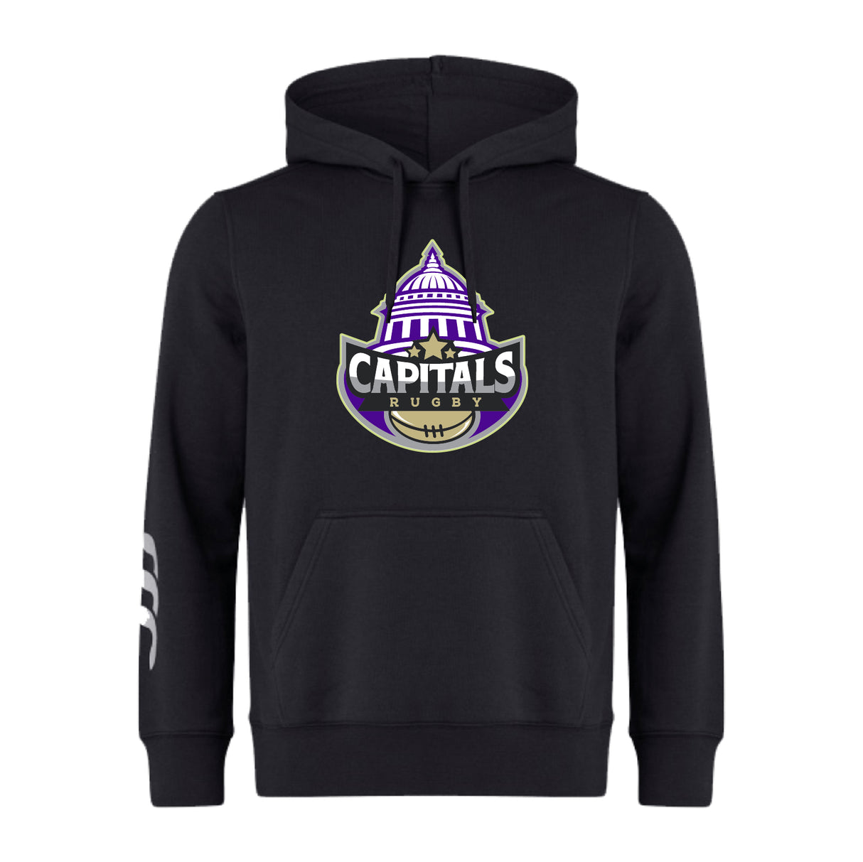 The Capitals Rugby NC Club Hoodie by WRS Canterbury features a "Capitals Rugby" logo with a purple dome and shield on the front—an ideal addition to any rugby team hoodie collection.