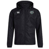 The Woodlands Youth Wolfpack Club Vaposhield Stadium Jacket by EMB Canterbury is black, with padded insulation, a white "Canterbury" logo on the right chest, and a green and white wolf crest on the left.