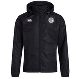 The EMB Canterbury White River Rugby Football Club VapoShield Full Zip Rain Jacket features water-resistant tech, a white Canterbury logo on the right chest, a club emblem on the left, and is perfect as a rugby rain jacket.
