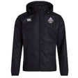 The Capitals Rugby NC Club Vaposhield Stadium Jacket by EMB Canterbury is a black jacket with front zipper, padded insulation, the Canterbury logo on the right chest, and a purple Capitals logo on the left chest.