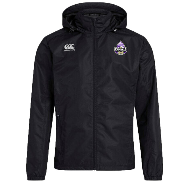 The Capitals Rugby NC Club Vaposhield Stadium Jacket by EMB Canterbury is a black jacket with front zipper, padded insulation, the Canterbury logo on the right chest, and a purple Capitals logo on the left chest.