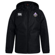 The Capitals Rugby NC Club Vaposhield Full Zip Rain Jacket by EMB Canterbury is a black, water-resistant jacket with a front zipper, Canterbury logo on the right chest, and a purple, white & yellow Capitals badge on the left.