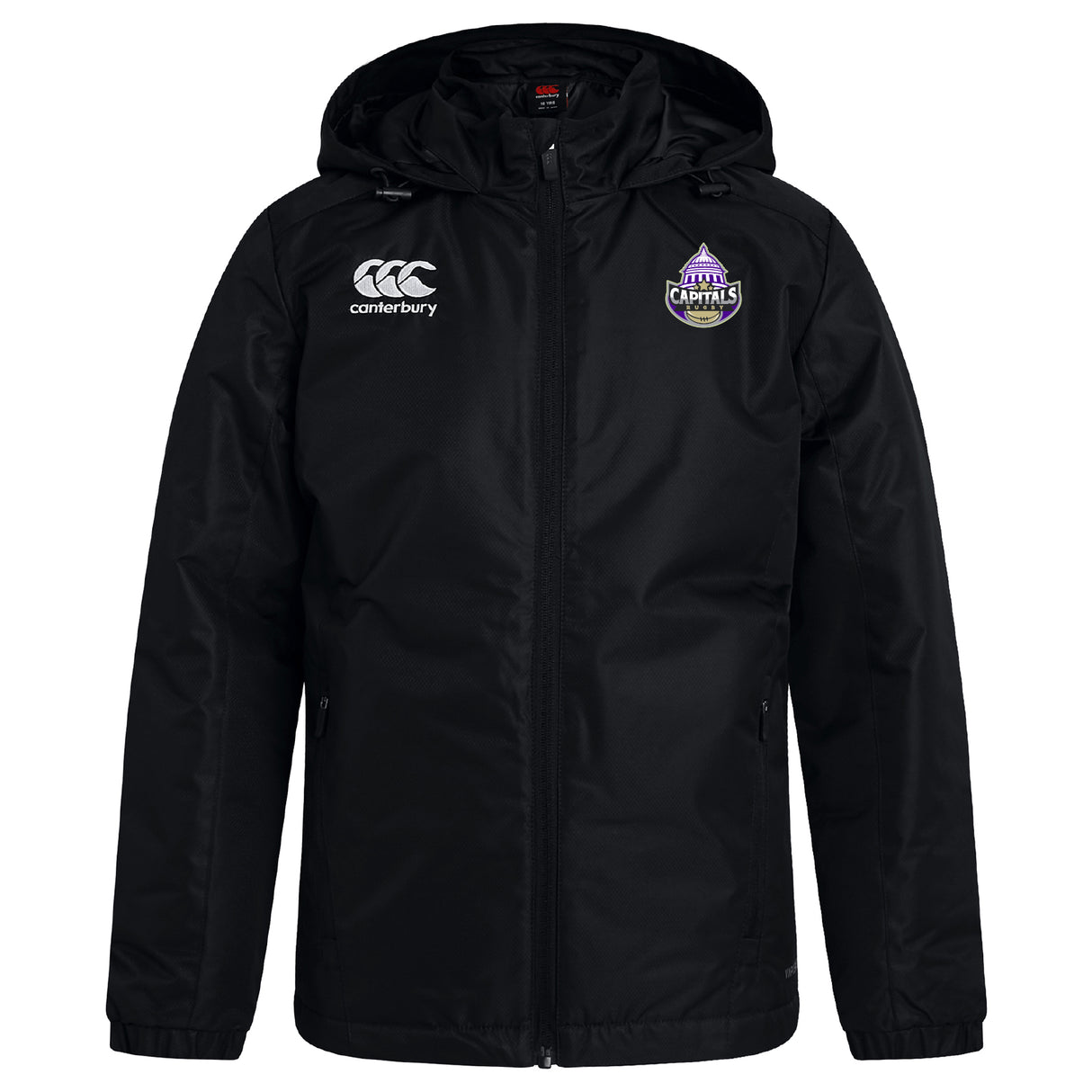 The Capitals Rugby NC Club Vaposhield Full Zip Rain Jacket by EMB Canterbury is a black, water-resistant jacket with a front zipper, Canterbury logo on the right chest, and a purple, white & yellow Capitals badge on the left.