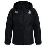 The Capitals Rugby NC Club Vaposhield Full Zip Rain Jacket by EMB Canterbury is a black, water-resistant jacket with a front zipper, Canterbury logo on the right chest, and a purple, white & yellow Capitals badge on the left.