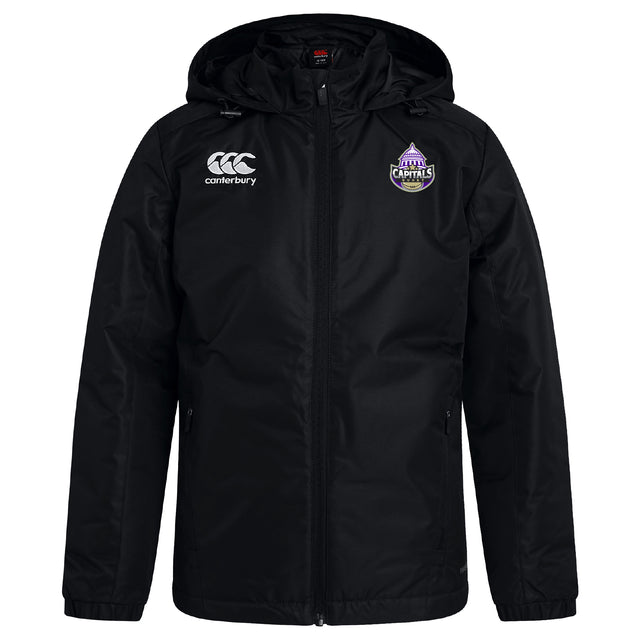 The Capitals Rugby NC Club Vaposhield Full Zip Rain Jacket by EMB Canterbury is a black, water-resistant jacket with a front zipper, Canterbury logo on the right chest, and a purple, white & yellow Capitals badge on the left.