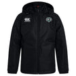 The EMB Canterbury Woodlands Youth Wolfpack Club Vaposhield Full Zip Rain Jacket features a black hood, club crest on the left, Canterbury logo on the right chest, and water-resistant VapoShield tech, shown against a plain white background.