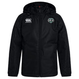 The EMB Canterbury Woodlands Youth Wolfpack Club Vaposhield Full Zip Rain Jacket features a black hood, club crest on the left, Canterbury logo on the right chest, and water-resistant VapoShield tech, shown against a plain white background.