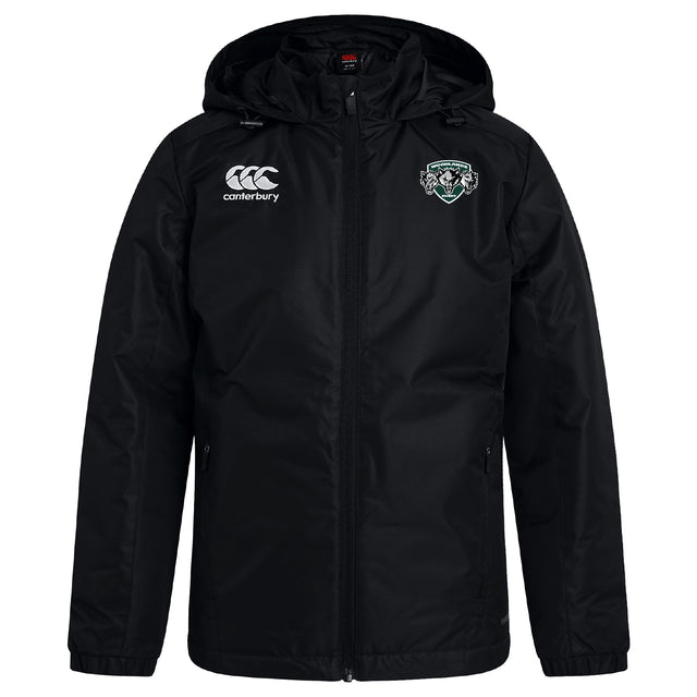 The EMB Canterbury Woodlands Youth Wolfpack Club Vaposhield Full Zip Rain Jacket features a black hood, club crest on the left, Canterbury logo on the right chest, and water-resistant VapoShield tech, shown against a plain white background.