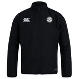 The White River Rugby Football Club Track Jacket by EMB Canterbury is a black zip-up with long sleeves, featuring the Canterbury logo on the right chest and a circular club badge on the left for stylish everyday comfort.