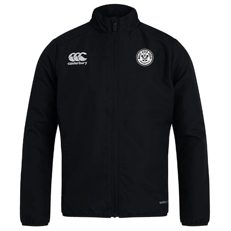 The White River Rugby Football Club Track Jacket by EMB Canterbury is a black zip-up with long sleeves, featuring the Canterbury logo on the right chest and a circular club badge on the left for stylish everyday comfort.