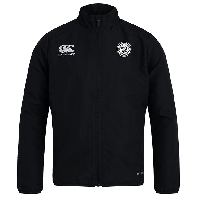 The White River Rugby Football Club Track Jacket by EMB Canterbury is a black zip-up with long sleeves, featuring the Canterbury logo on the right chest and a circular club badge on the left for stylish everyday comfort.