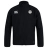 The White River Rugby Football Club Track Jacket by EMB Canterbury is a black zip-up with long sleeves, featuring the Canterbury logo on the right chest and a circular club badge on the left for stylish everyday comfort.