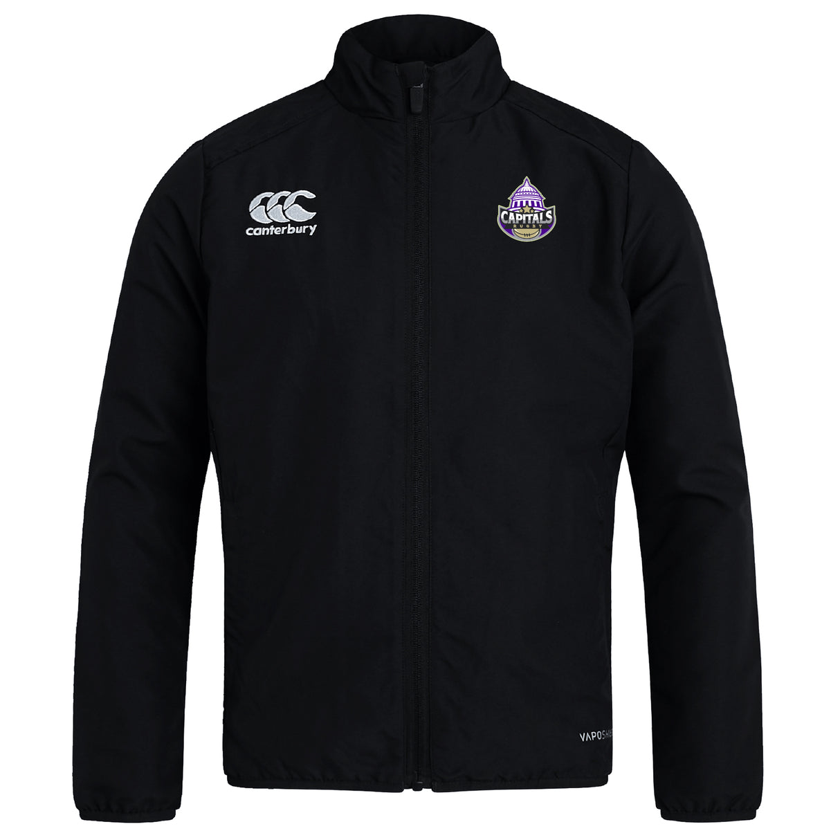 The Capitals Rugby NC Club Track Jacket by EMB Canterbury is a black, lightweight jacket featuring the Canterbury logo on the right chest and the Capitals team logo on the left, ideal for everyday wear.