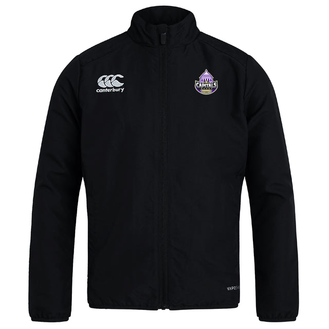 The Capitals Rugby NC Club Track Jacket by EMB Canterbury is a black, lightweight jacket featuring the Canterbury logo on the right chest and the Capitals team logo on the left, ideal for everyday wear.