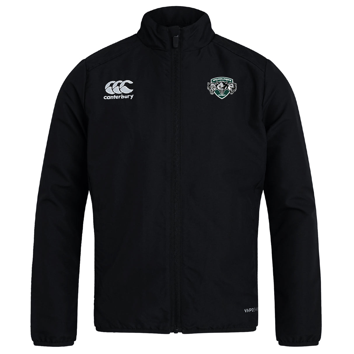 The Woodlands Youth Wolfpack Club Track Jacket by EMB Canterbury features a Canterbury logo on the right chest and a green-and-white crest on the left. This lightweight jacket is perfect for everyday wear.
