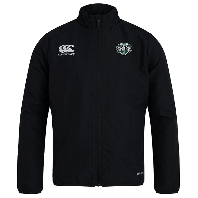 The Woodlands Youth Wolfpack Club Track Jacket by EMB Canterbury features a Canterbury logo on the right chest and a green-and-white crest on the left. This lightweight jacket is perfect for everyday wear.