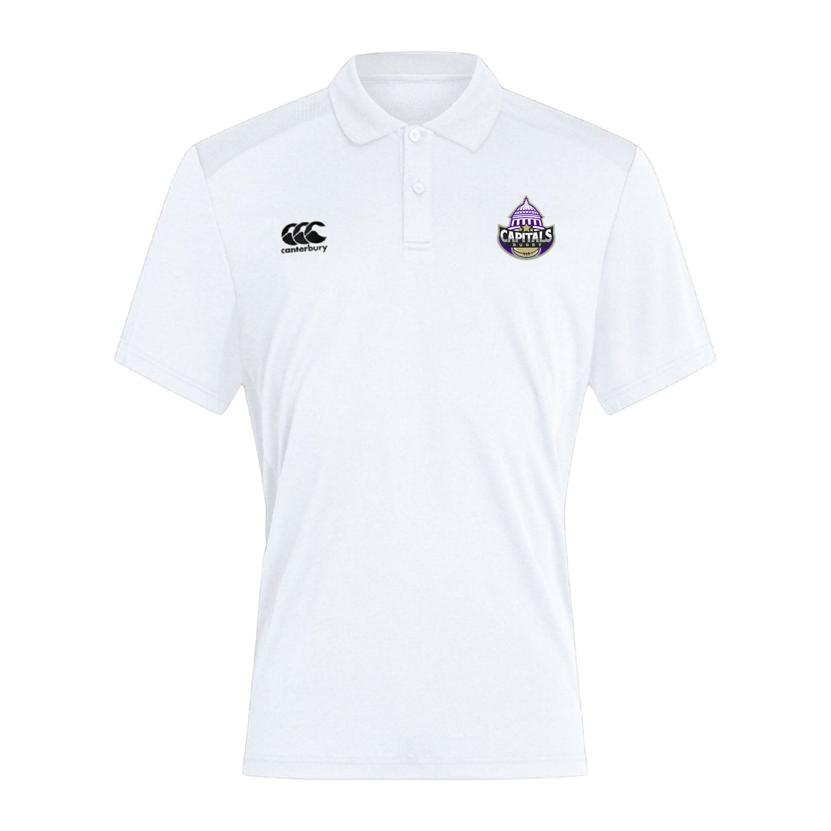 The Capitals Rugby NC Club Dry Polo by EMB Canterbury is a white short-sleeve shirt with Vapodri Technology, featuring the Canterbury logo on the right chest and a Castle Capitals badge on the left.