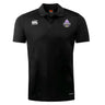 The Capitals Rugby NC Club Dry Polo by EMB Canterbury is a black short-sleeve polo with Vapodri Technology, featuring the Canterbury logo on the right chest and a purple Capitals team crest on the left.