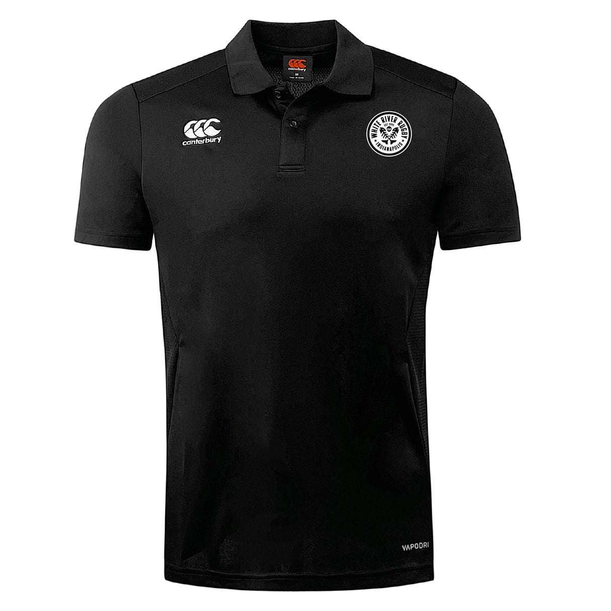 The White River Rugby Football Club Club Dry Polo by EMB Canterbury is a black, short-sleeve polo with a collar, buttoned neckline, chest team logos, and Vapodri Technology for breathable comfort.