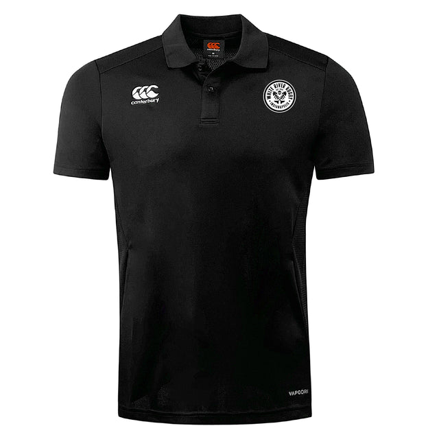 The White River Rugby Football Club Club Dry Polo by EMB Canterbury is a black, short-sleeve polo with a collar, buttoned neckline, chest team logos, and Vapodri Technology for breathable comfort.