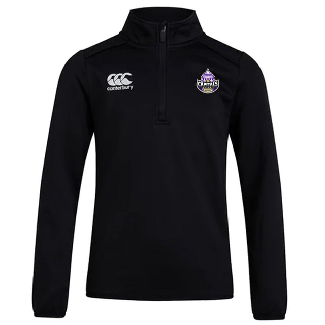 The EMB Canterbury Capitals Rugby NC Club 1/4 Zip Mid Layer Training Top is a black, long-sleeve training top with the "Capitals" logo on the left chest.