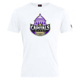 The Capitals Rugby NC Club Plain Tee by WRS Canterbury is a white cotton blend t-shirt with a bold "Capitals Rugby" logo, featuring a domed building, stars, and rugby ball in purple, black, and gold—perfect for fans.