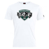 The Woodlands Youth Wolfpack Club Plain Tee by Canterbury from WRS Canterbury is a comfortable white cotton-blend T-shirt featuring the Woodlands Rugby logo with three wolf heads and green chest text—ideal for fans.