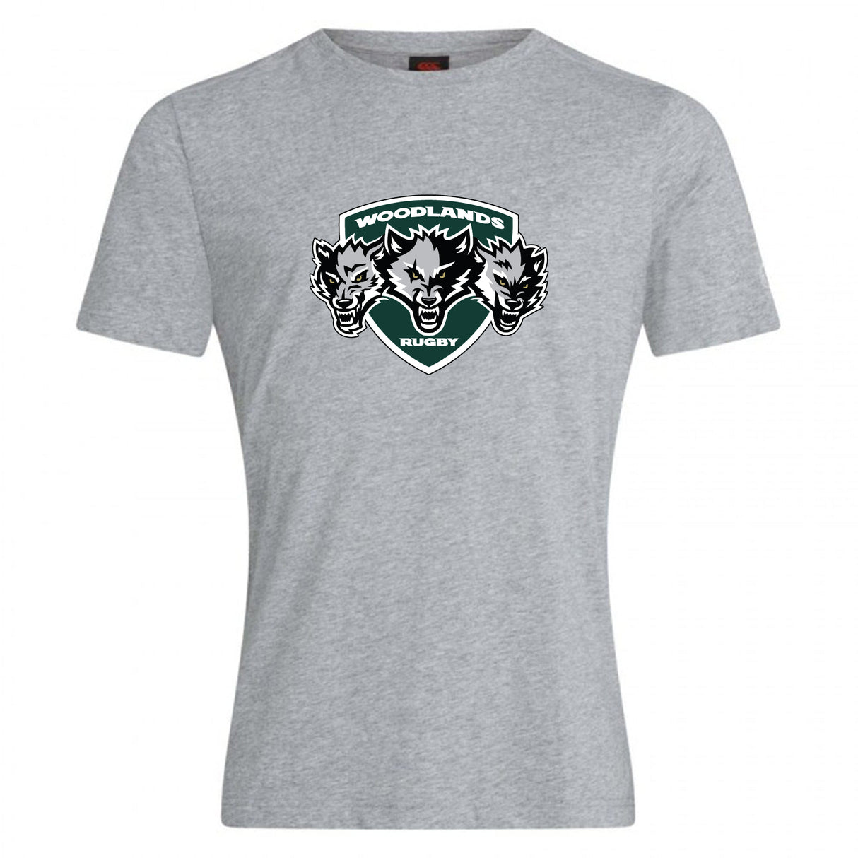 The Woodlands Youth Wolfpack Club Plain Tee by WRS Canterbury is a grey cotton-blend short-sleeve shirt, ideal for fans or team members. Features a "WOODLANDS RUGBY" logo with three wolf heads on the chest and is customizable.