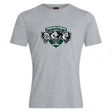 The Woodlands Youth Wolfpack Club Plain Tee by WRS Canterbury is a grey cotton-blend short-sleeve shirt, ideal for fans or team members. Features a "WOODLANDS RUGBY" logo with three wolf heads on the chest and is customizable.