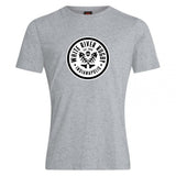 The White River Rugby Football Club Club Plain Tee by Canterbury from WRS Canterbury is a gray cotton-blend shirt with a circular black-and-white eagle logo—ideal as a customizable tee for rugby fans.