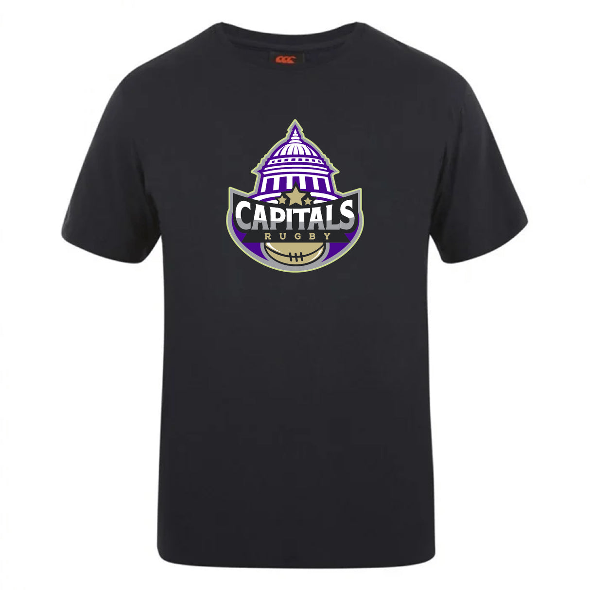 The Capitals Rugby NC Club Plain Tee by WRS Canterbury is a customizable black cotton blend T-shirt with a "Capitals Rugby" logo—dome, stars, and rugby ball—offering fans comfort and style.