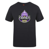 The Capitals Rugby NC Club Plain Tee by WRS Canterbury is a customizable black cotton blend T-shirt with a "Capitals Rugby" logo—dome, stars, and rugby ball—offering fans comfort and style.