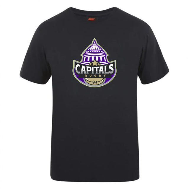 The Capitals Rugby NC Club Plain Tee by WRS Canterbury is a customizable black cotton blend T-shirt with a "Capitals Rugby" logo—dome, stars, and rugby ball—offering fans comfort and style.