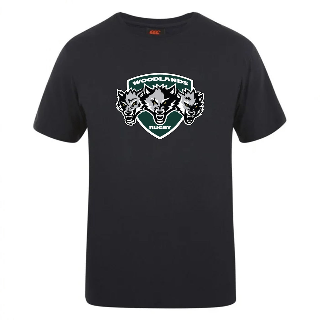 The Woodlands Youth Wolfpack Club Plain Tee by WRS Canterbury is a black cotton-blend t-shirt featuring a "Woodlands Rugby" logo with three wolf heads on the chest, perfect for CCC Club Plain T-shirt fans who want comfort and style.