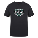 The Woodlands Youth Wolfpack Club Plain Tee by WRS Canterbury is a black cotton-blend t-shirt featuring a "Woodlands Rugby" logo with three wolf heads on the chest, perfect for CCC Club Plain T-shirt fans who want comfort and style.