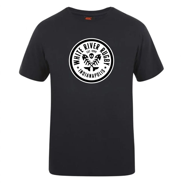 The White River Rugby Football Club Club Plain Tee by WRS Canterbury is a black cotton-blend t-shirt with a circular eagle logo, "EST 1999" text in white, and offers customizable comfort and team spirit.