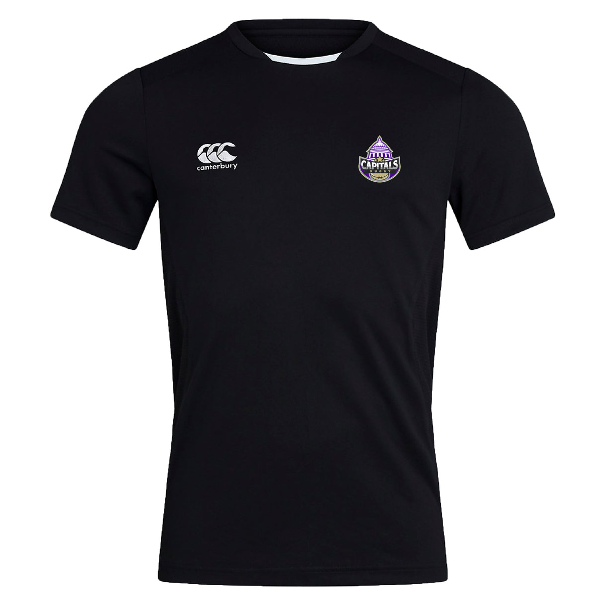The Capitals Rugby NC Club Dry Tee by Canterbury is a black short-sleeve workout top with the EMB Canterbury logo on the right chest, a purple Capitals badge on the left, and Vapodri Technology for breathability.