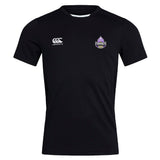 The Capitals Rugby NC Club Dry Tee by Canterbury is a black short-sleeve workout top with the EMB Canterbury logo on the right chest, a purple Capitals badge on the left, and Vapodri Technology for breathability.