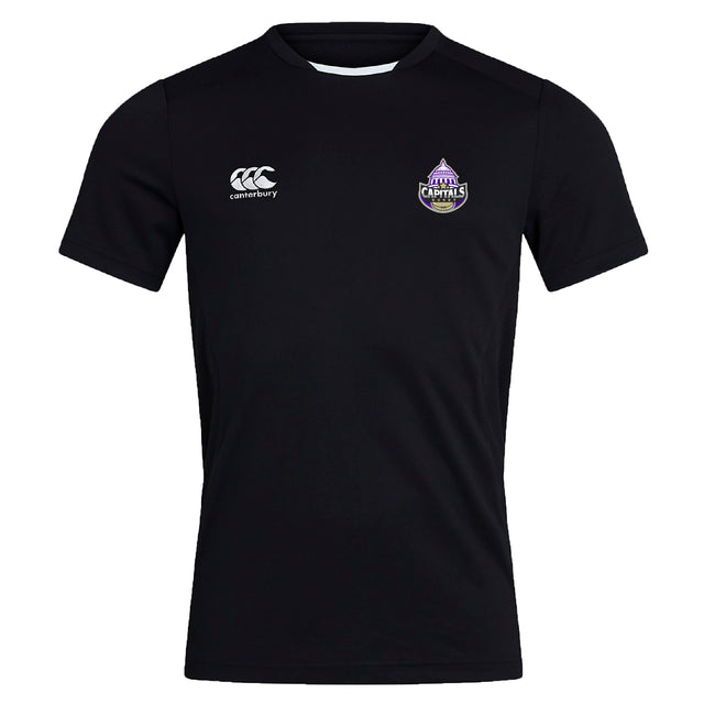 The Capitals Rugby NC Club Dry Tee by Canterbury is a black short-sleeve workout top with the EMB Canterbury logo on the right chest, a purple Capitals badge on the left, and Vapodri Technology for breathability.