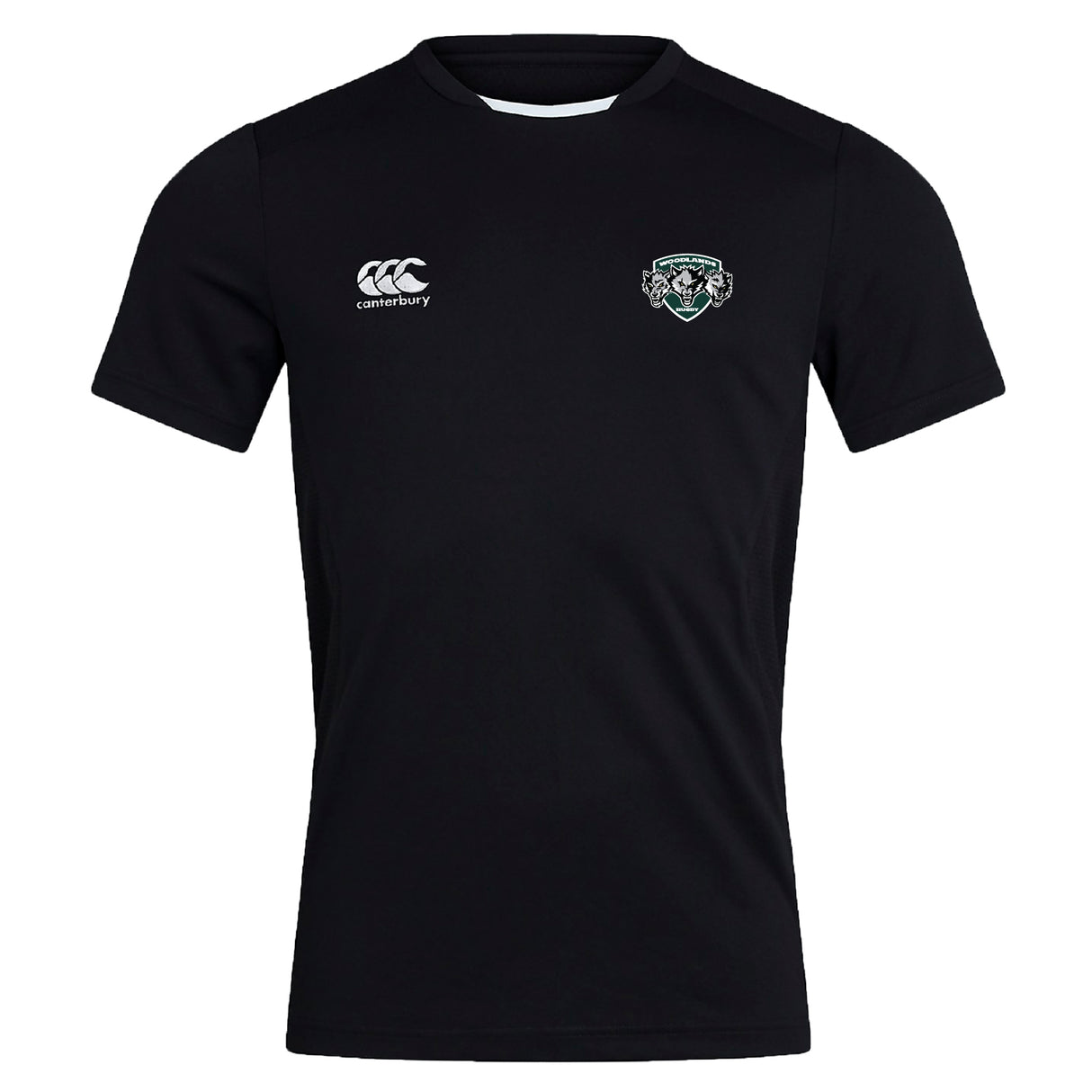 The Woodlands Youth Wolfpack Club Dry Tee by EMB Canterbury is a black short-sleeve T-shirt with a white Canterbury logo on the right chest, team crest on the left, and Vapodri Technology for breathable comfort during workouts.