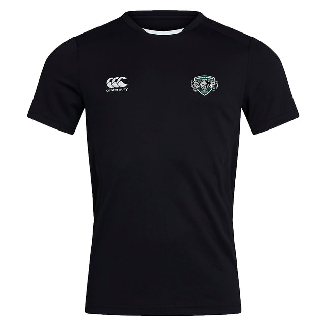 The Woodlands Youth Wolfpack Club Dry Tee by EMB Canterbury is a black short-sleeve T-shirt with a white Canterbury logo on the right chest, team crest on the left, and Vapodri Technology for breathable comfort during workouts.
