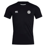 The White River Rugby Football Club Club Dry Tee by EMB Canterbury is a black athletic tee with a white Canterbury logo on the right chest, club badge on the left chest, and features moisture-wicking Vapodri Technology for comfort.
