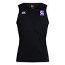 The Winona State University Club Dry Singlet by EMB Canterbury is a black sleeveless sports top featuring a white logo on the right and a purple shield emblem on the left chest. Made from athletic gear using Vapodri Technology, this breathable tank ensures maximum comfort during your workout.